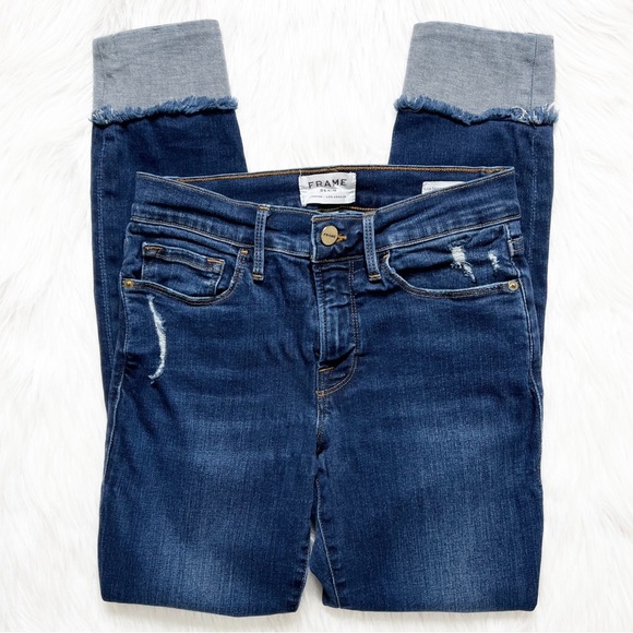 Frame Distressed Fringe Hem V Notch Cuffed Cropped Medium Wash Skinny Jeans - Picture 7 of 12